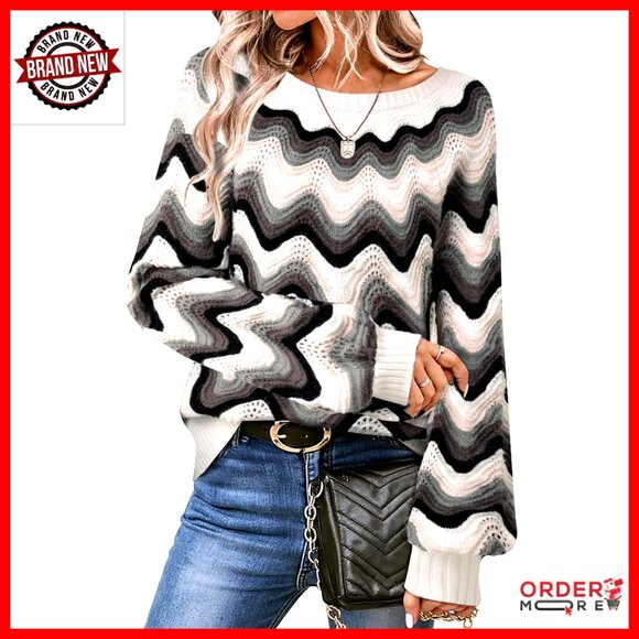Sweaters - Cozy Lantern Sleeve Pullover Sweater, Color Block Knit, Fair Isle Pattern